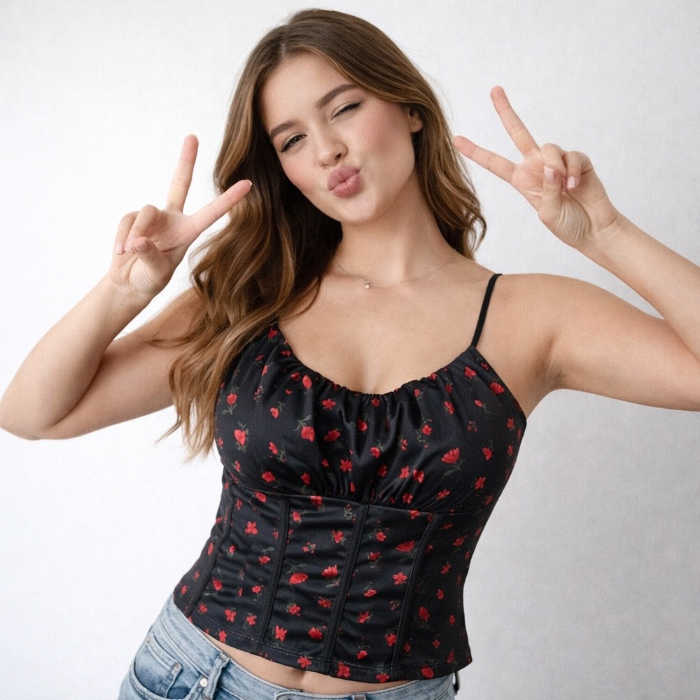SHEIN Black Red Floral Corset Style Cami Top Small Cottagecore